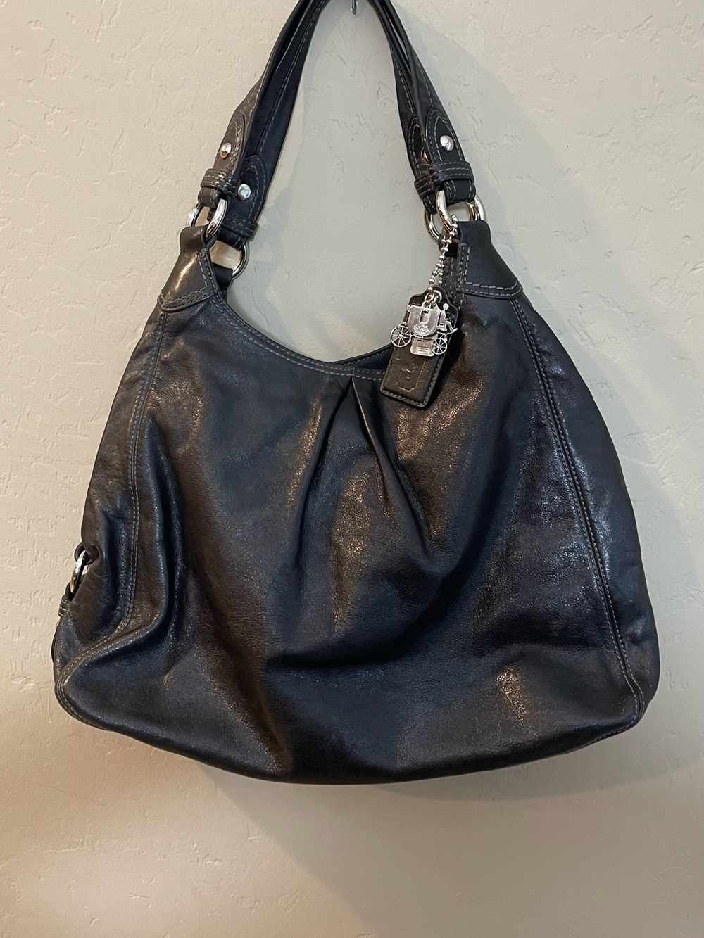 Authentic Coach Madison Maggie Black Leather Hobo, horse charm, excellent black